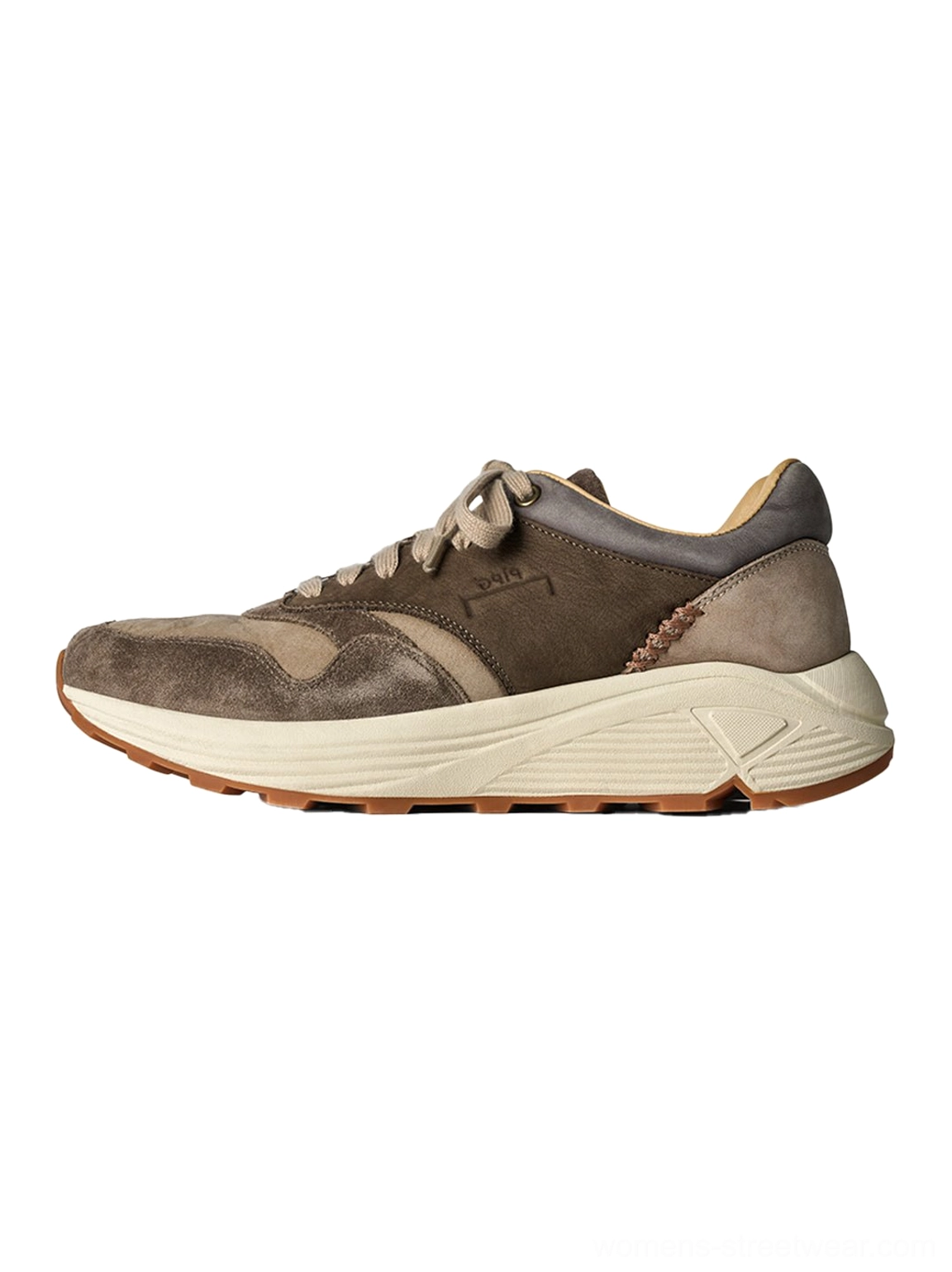 Washed brown retro trail runner sneaker in coffee brown with layered suede panels and chunky off-white molded sole
