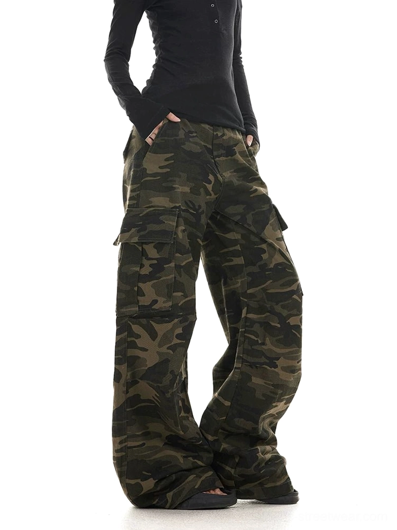 Rear side view of relaxed fit washed camo streetwear cargo pants with side utility pocket styling