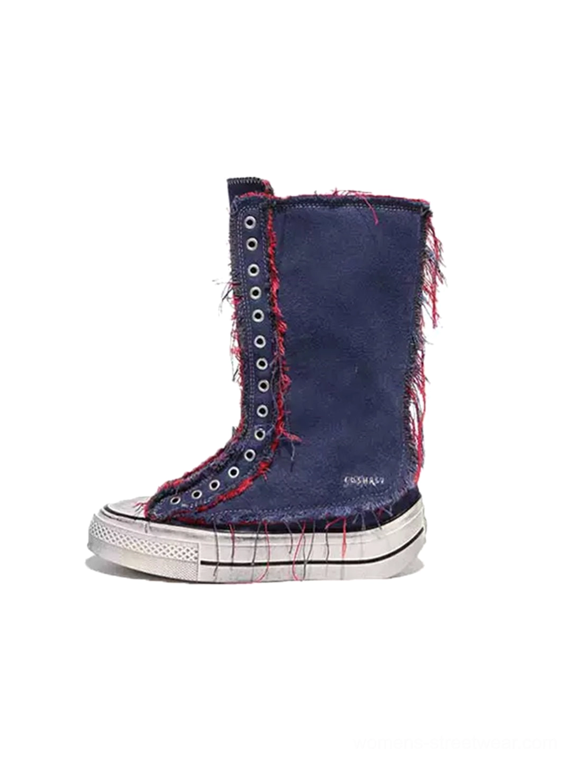 Washed canvas high-top platform boots for women featuring distressed fabric, rubber toe caps, and bold street style