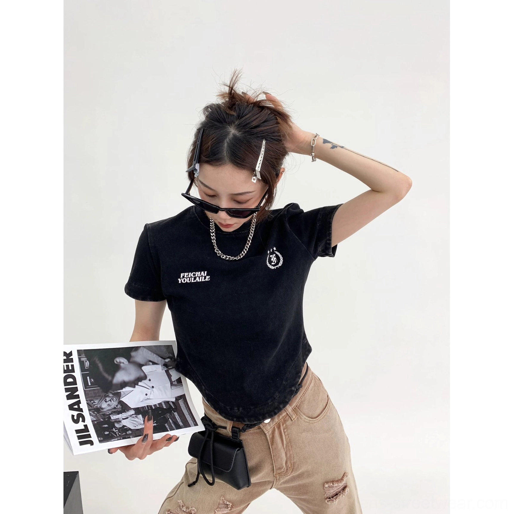 Washed collegiate logo curved hem streetwear t-shirt alternate detailed product view