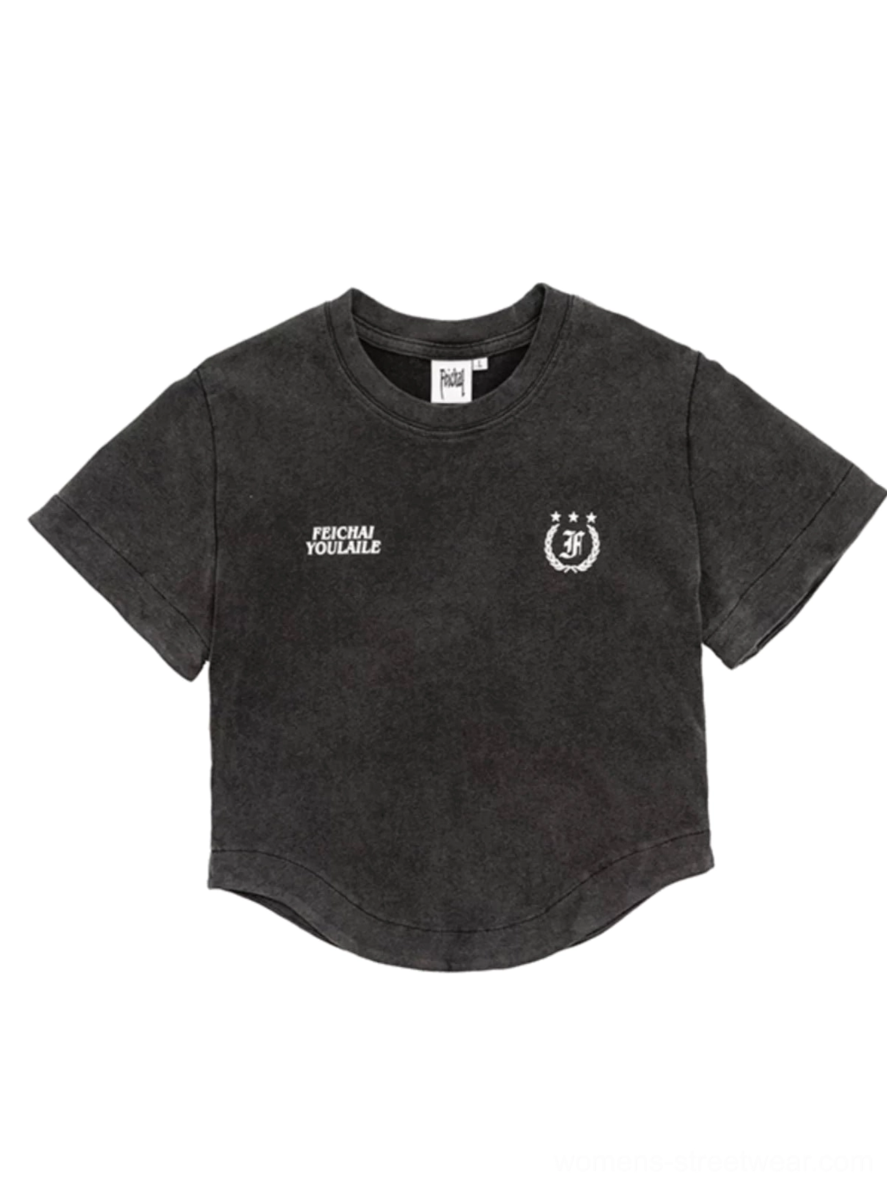 Washed black collegiate logo curved hem streetwear t-shirt flat lay front product view