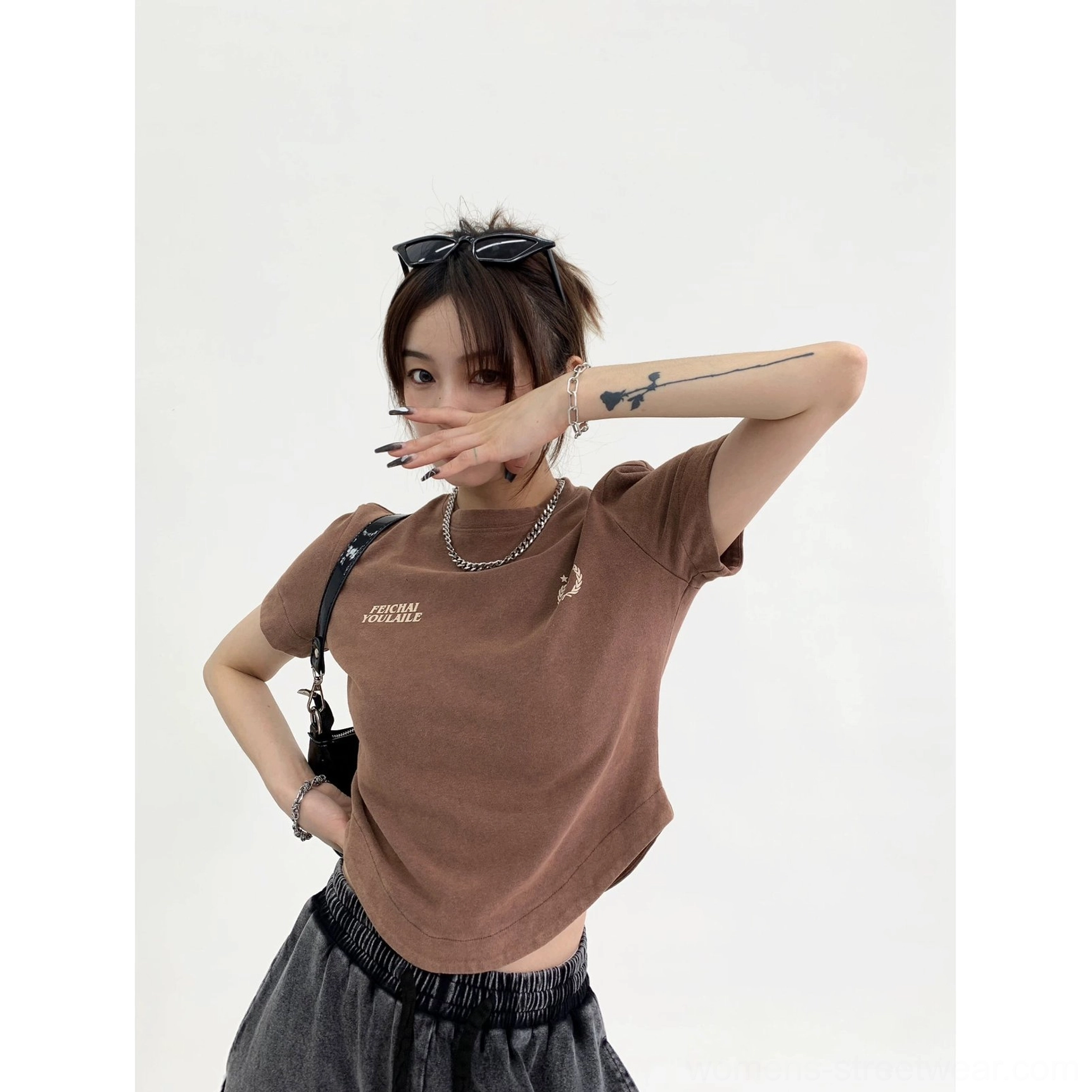 Dark brown washed collegiate logo curved hem streetwear t-shirt color option product view
