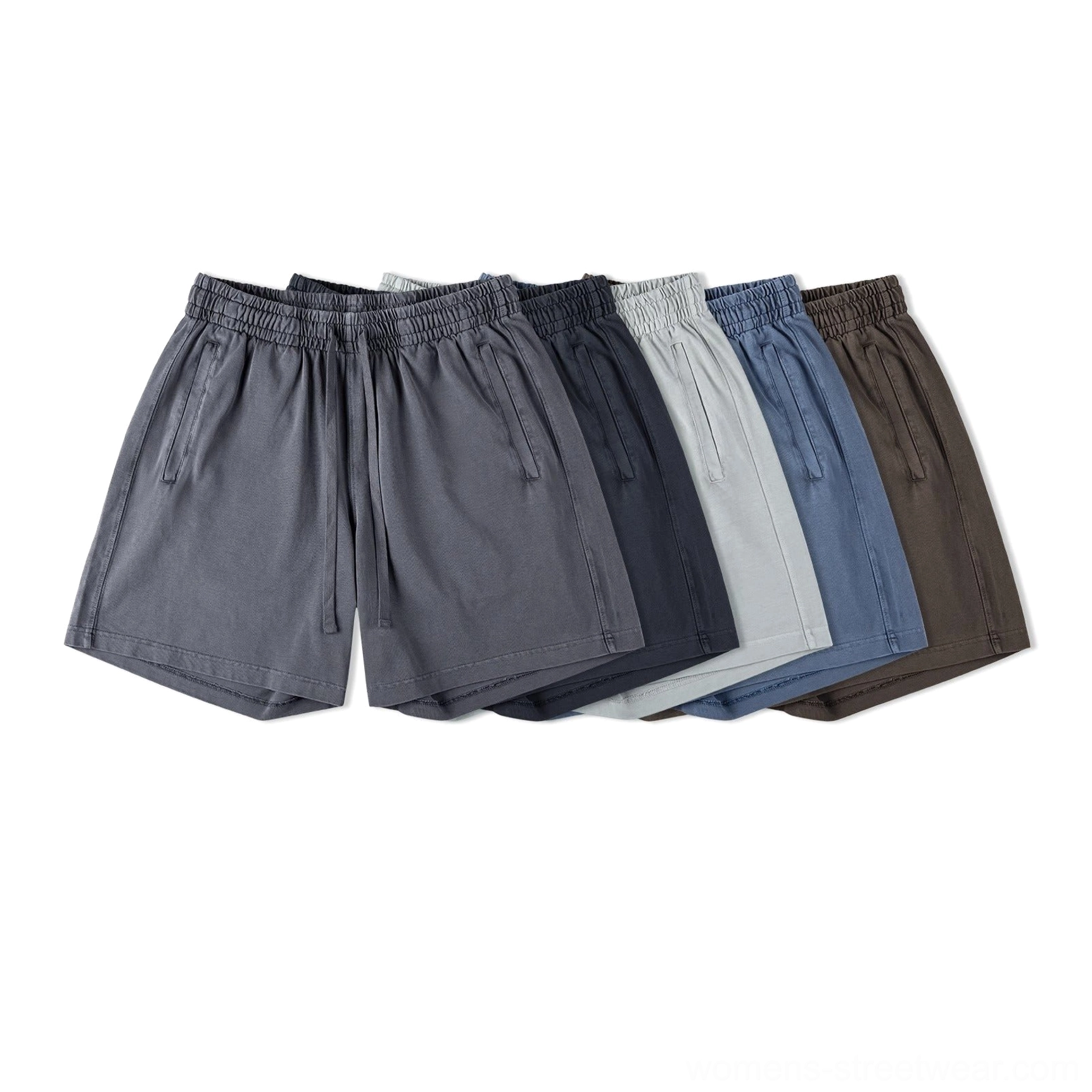 Complete color collection of washed cotton oversized streetwear drawstring shorts in black gray dusty blue and deep brown