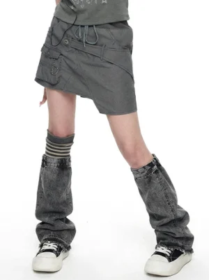 Black and white platform sneakers styled with grey cargo mini skirt and striped knee socks