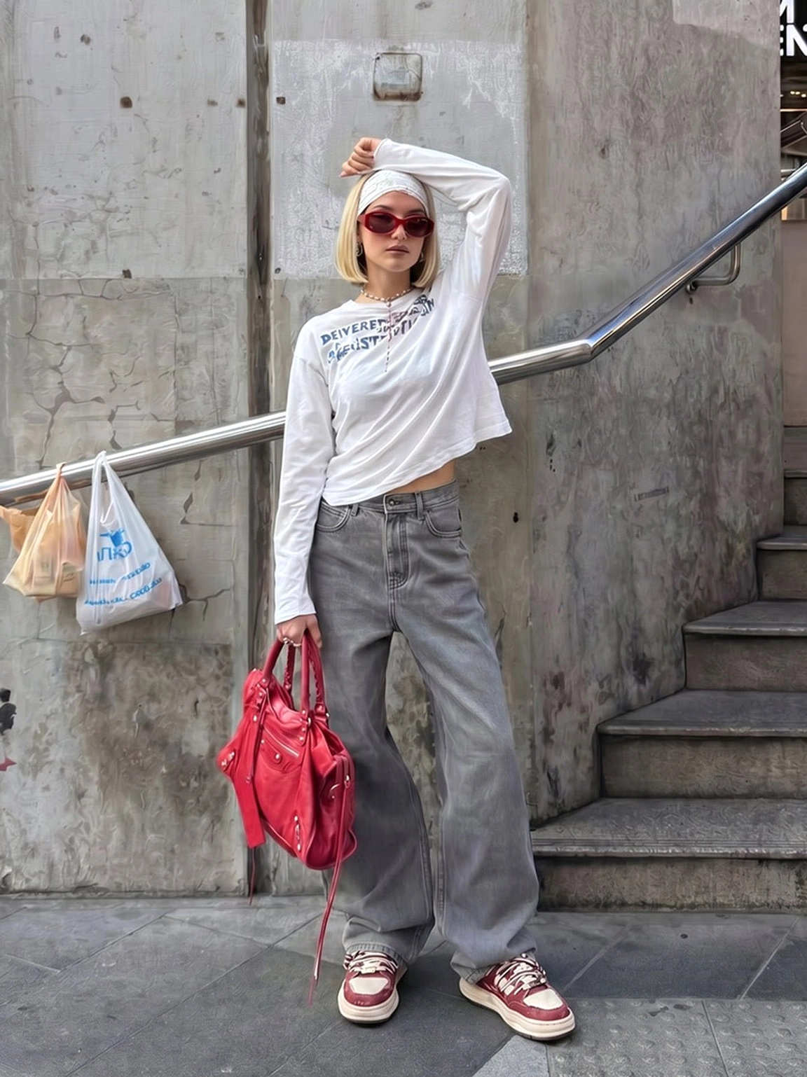 Chunky washed denim platform sneakers worn with gray baggy jeans and a cropped white top for a modern womens streetwear look