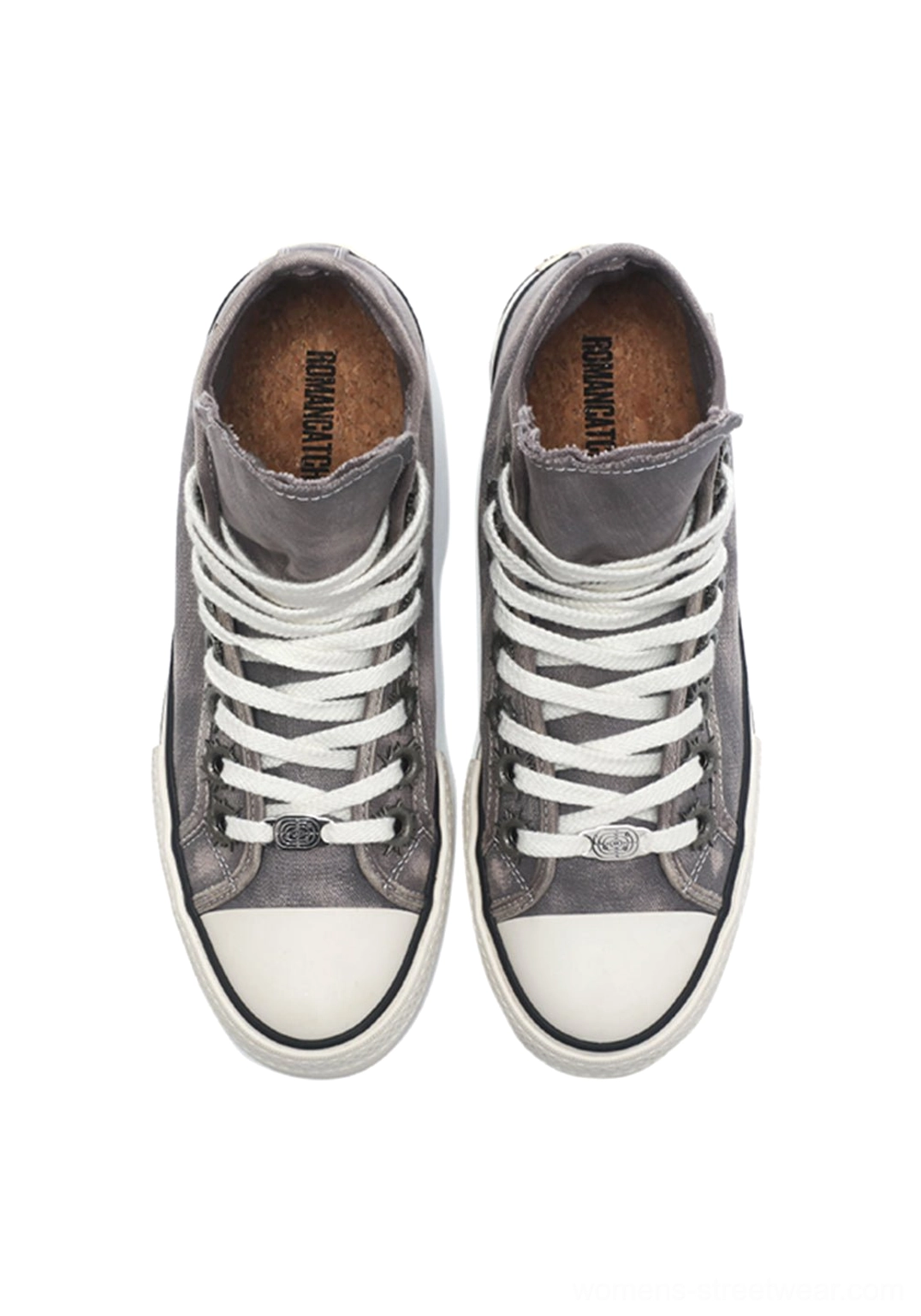 Top view of washed gray distressed denim high-top sneakers showing brown printed insoles white laces and textile interior
