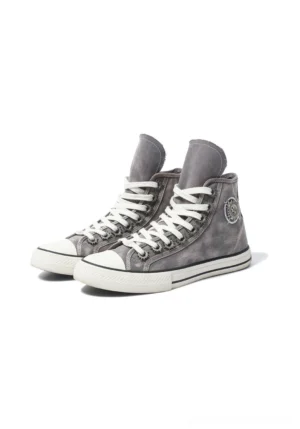 Washed gray distressed denim high-top streetwear sneakers pair front three-quarter view with white laces and rubber toe caps