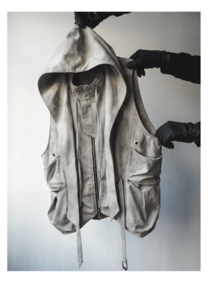 Ash gray washed hooded utility zip vest held by gloved hands showing oversized cargo pockets metal eyelets and adjustable drawstring hem