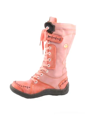 Distressed washed pink PU lace-up tall boots studio three-quarter view showing gradient finish, contrast stitching details, and distressed rubber sole