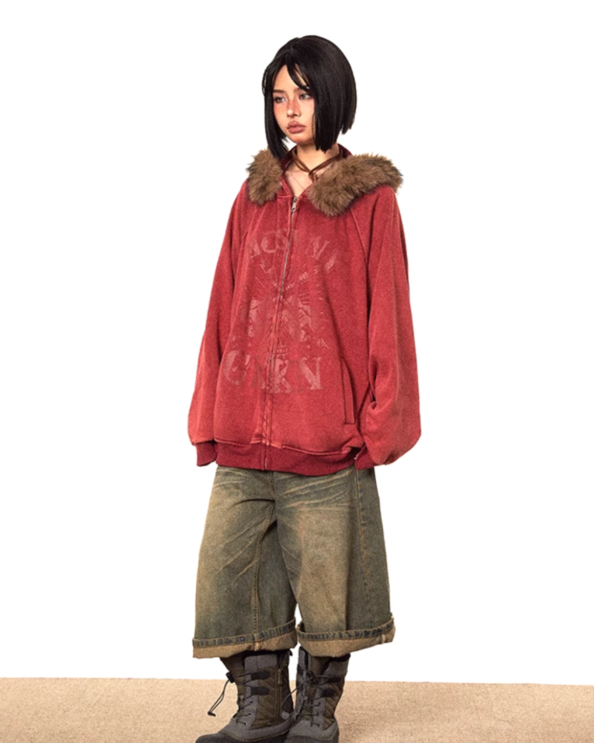 Washed red faux fur hood jacket styled with cropped wide-leg jeans and black work boots in a vintage streetwear outfit