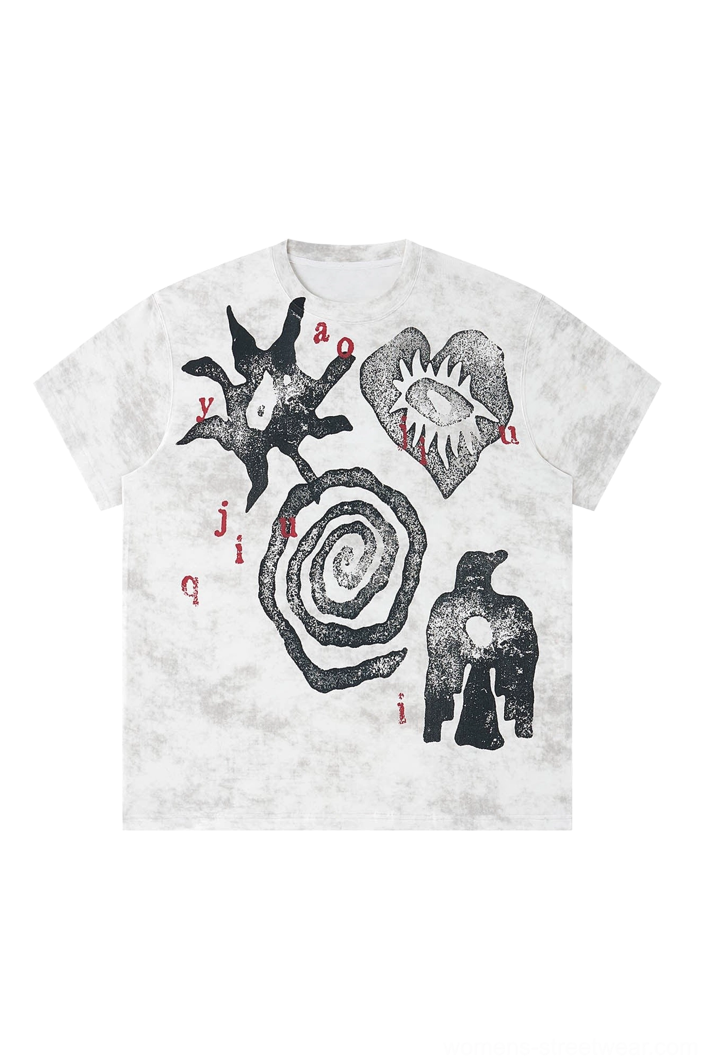 Black washed tribal graphic oversized streetwear tee flat lay with black spiral sun-eye bird and heart-eye graphics