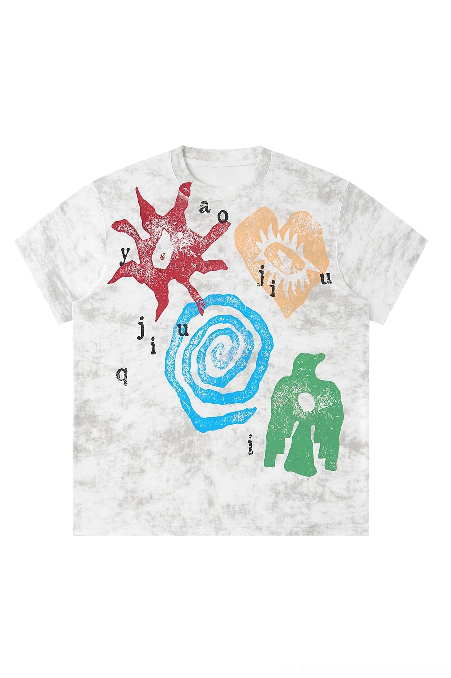 Multicolor washed tribal graphic oversized streetwear tee flat lay showing red star blue spiral green bird and heart-eye prints