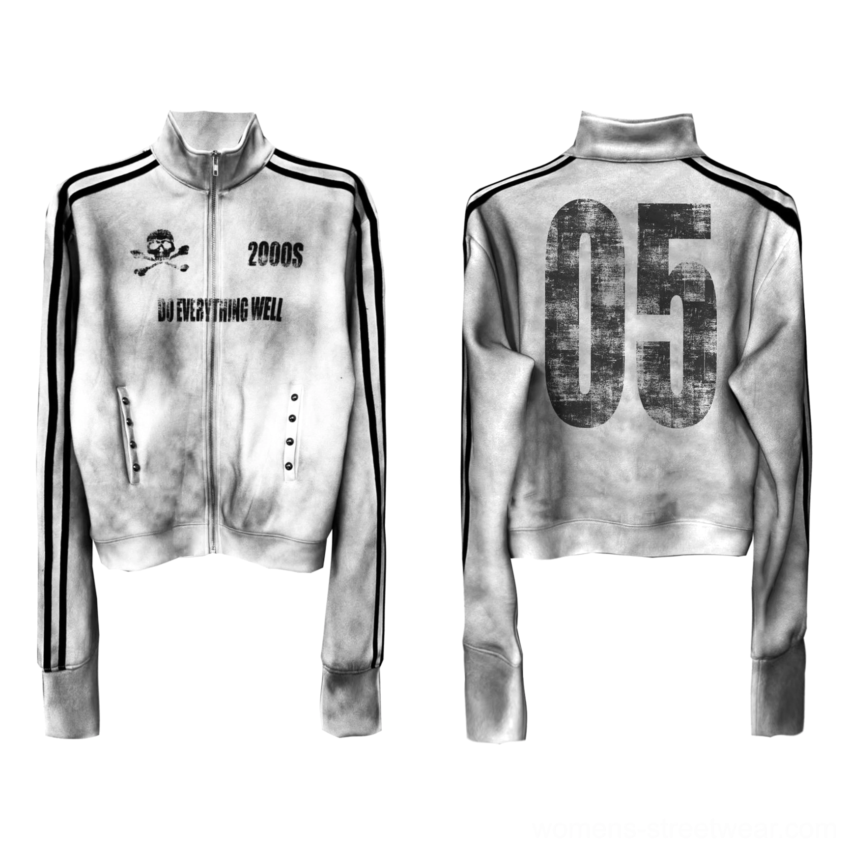Flat lay front and back view of a washed white Y2K grunge track jacket with skull graphics, snap pockets, black stripes, and large 05 print
