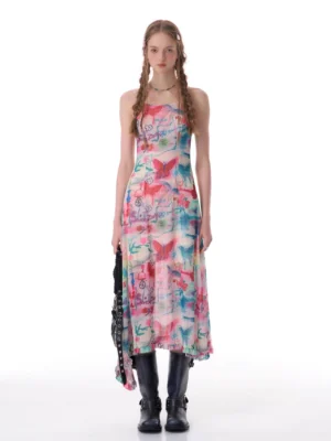 Red watercolor butterfly print asymmetrical hem mesh midi slip dress front full body view styled with black biker boots