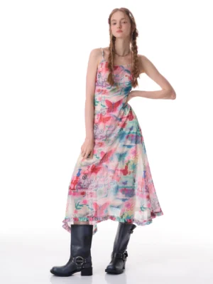 Watercolor butterfly print midi slip dress with square neckline and spaghetti straps three quarter side view