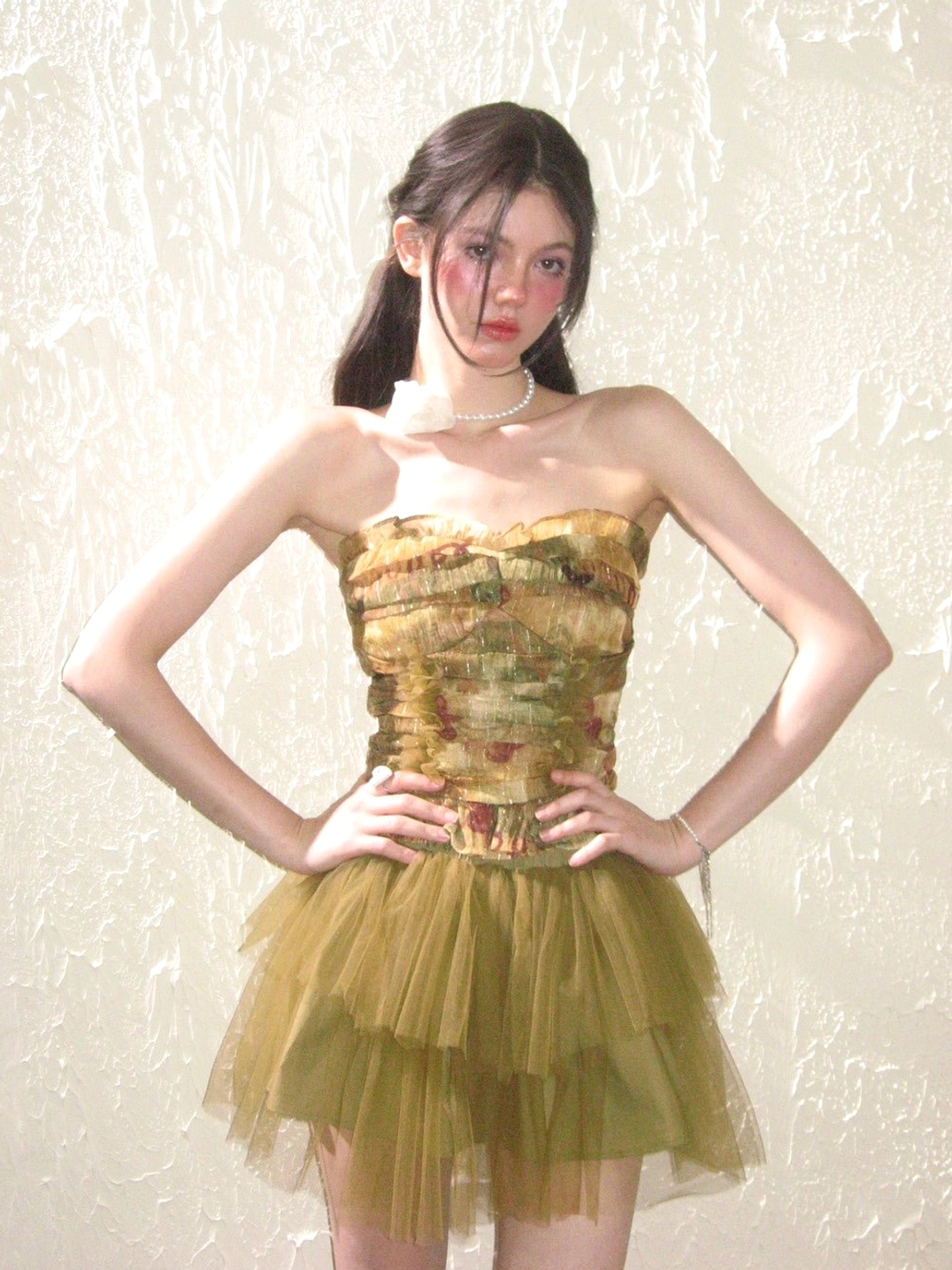 Watercolor rose print corset top and olive green tulle mini skirt two-piece outfit