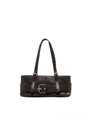 Weathered brown buckle baguette shoulder bag shown from the front with a rectangular silhouette, adjustable strap, and silver-tone buckle detail