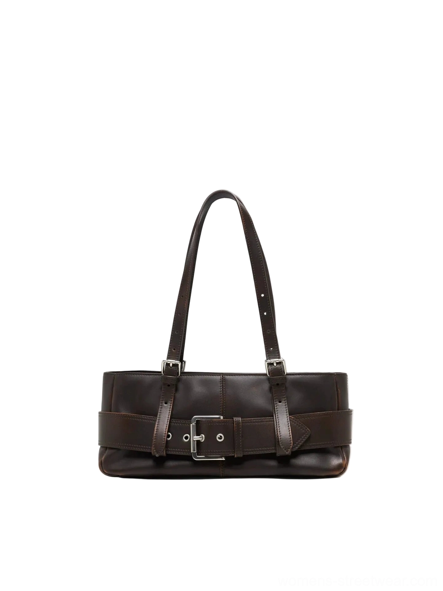 Weathered brown buckle baguette shoulder bag shown from the front with a rectangular silhouette, adjustable strap, and silver-tone buckle detail