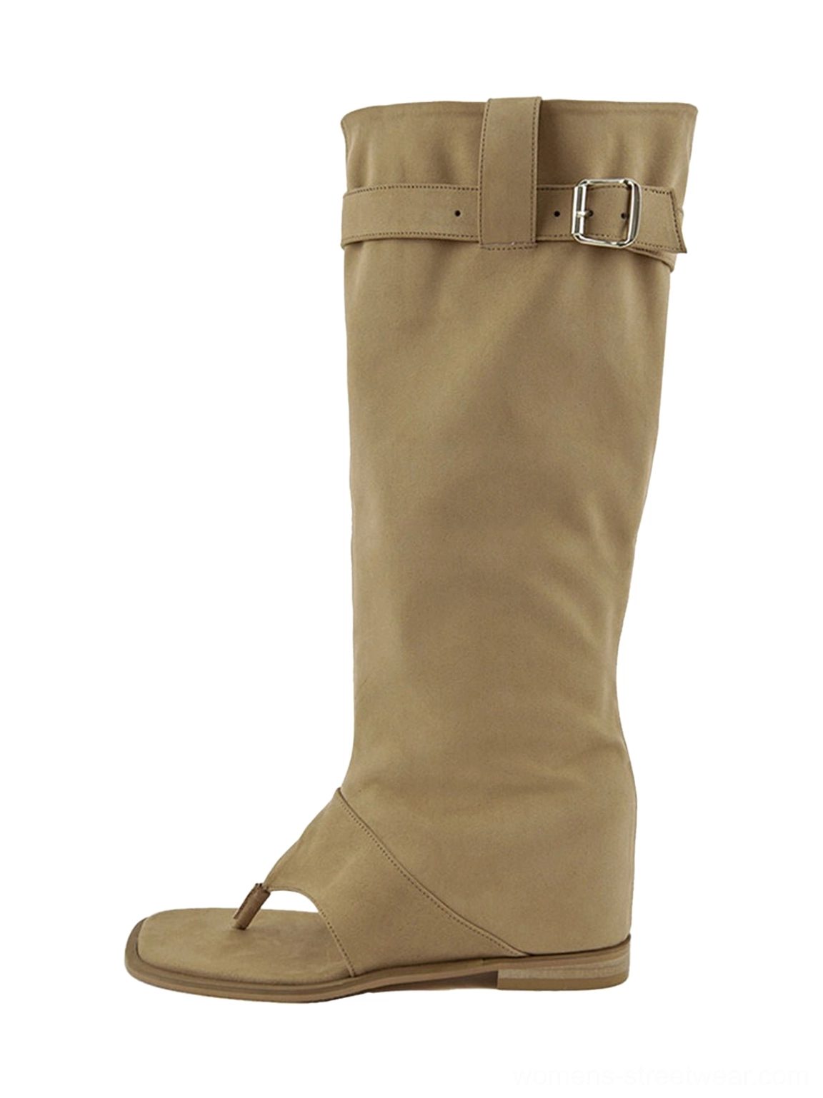 Khaki western thong knee-high sandal boots with slouchy shaft, buckle strap, open toe, and flat sole