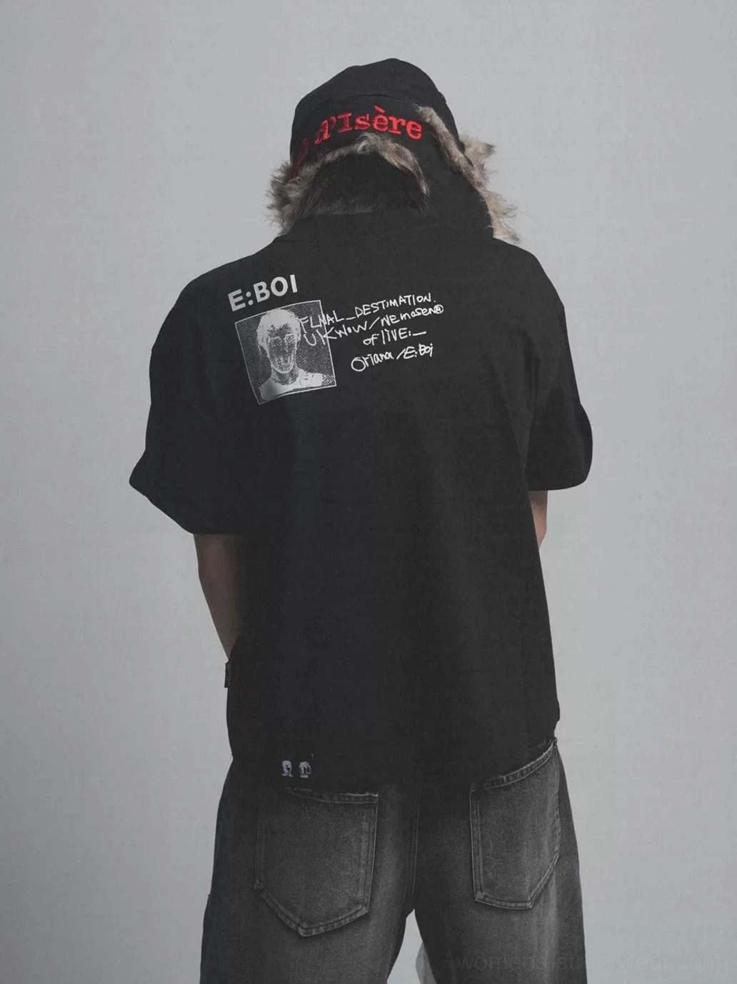 Oversized black punk graphic tee back detail featuring E BOI lettering portrait image and scribble artwork