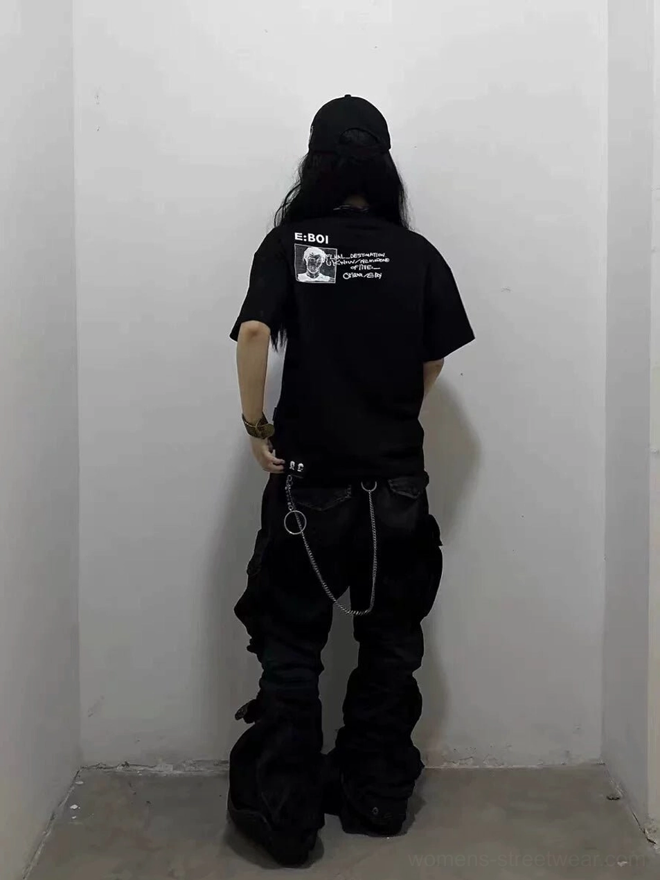 Black Whatever Guitarist oversized graphic tee back view featuring E BOI portrait print and handwritten streetwear graphics