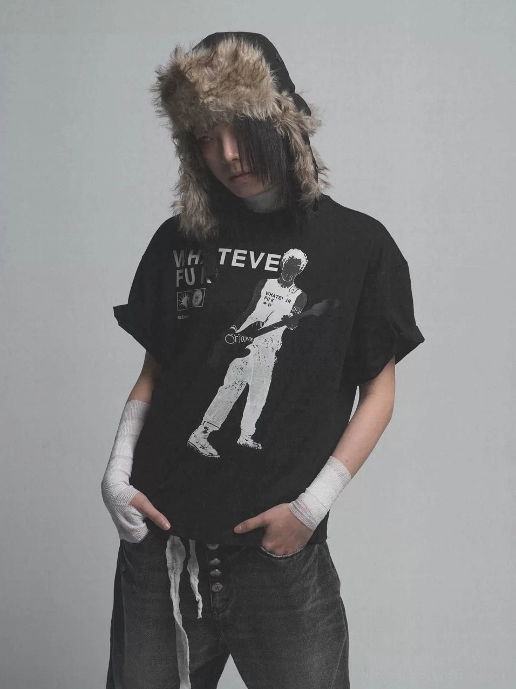 Black Whatever Guitarist graphic T-shirt front styling with oversized fit and bold alternative music artwork