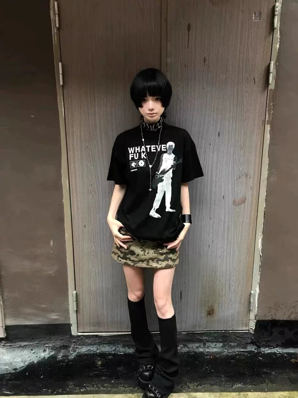 Black Whatever Guitarist oversized graphic tee front view with high contrast guitarist artwork and punk typography