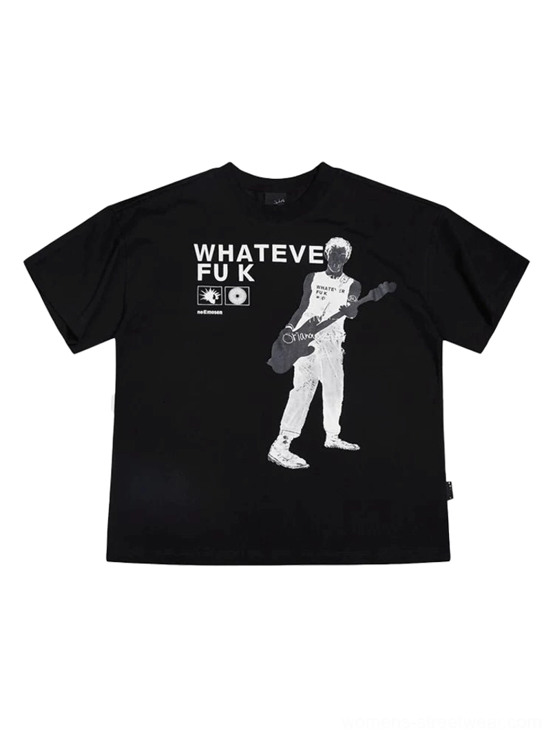 Black Whatever Guitarist oversized graphic tee product view with front and back punk music inspired prints