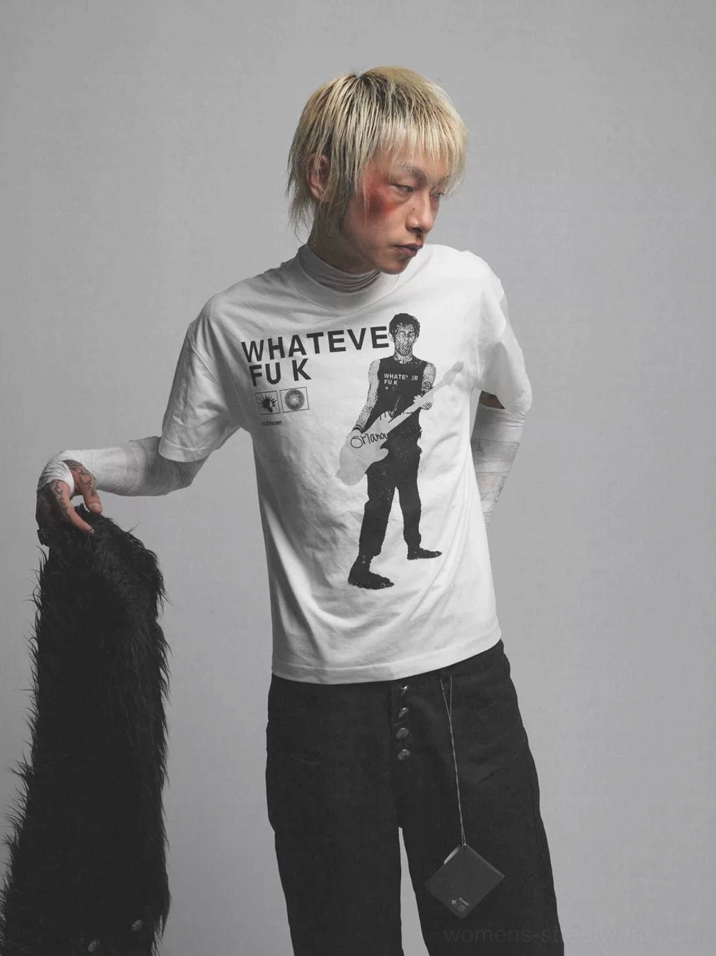 Whatever Guitarist oversized graphic tee alternative streetwear print detail in black and white color options