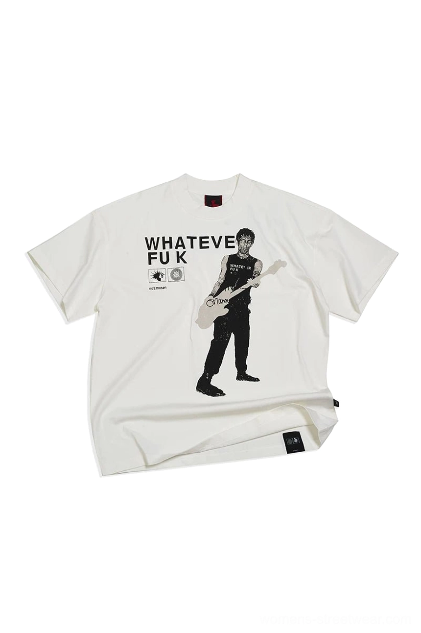 White Whatever Guitarist oversized graphic tee product view with contrasting black guitarist punk print