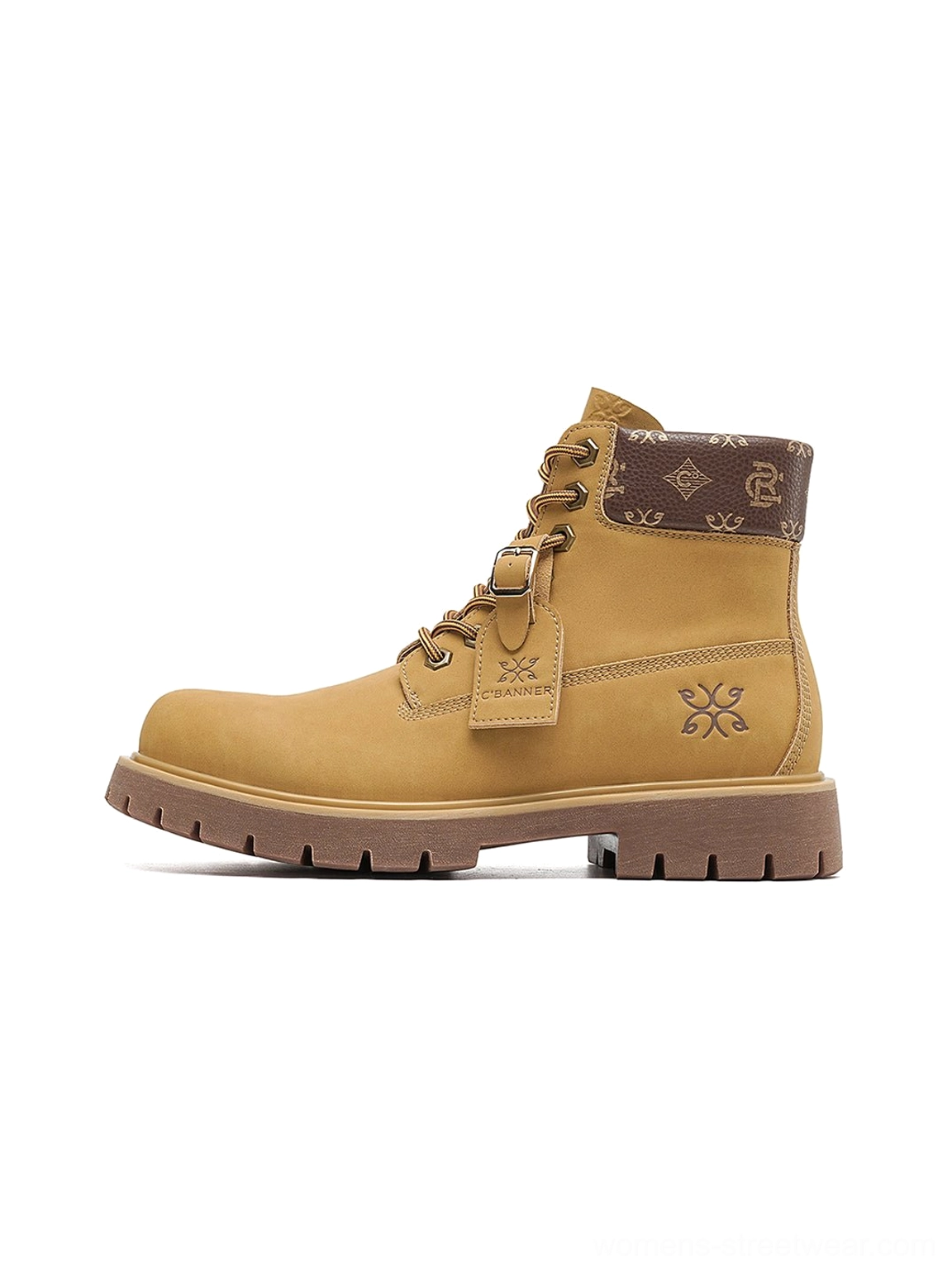 Wheat contrast-stitch lug sole work boots in left side three-quarter product view with padded brown collar