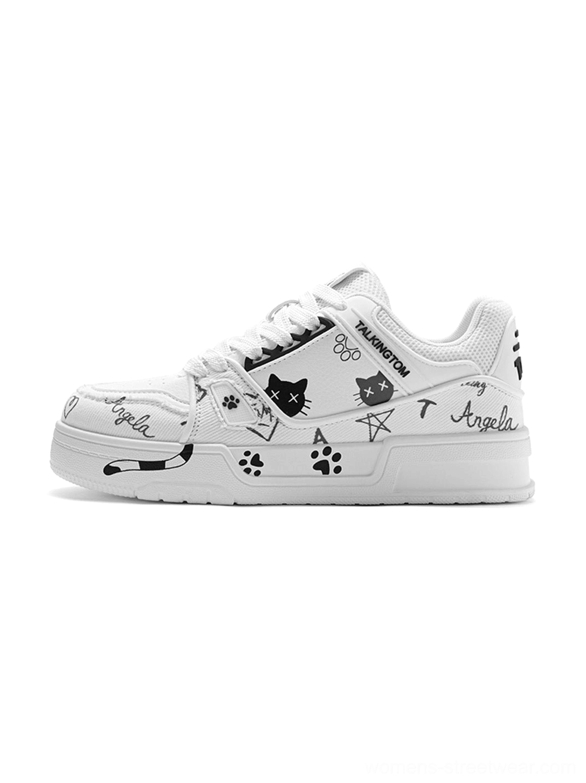 White anime cat graphic low-top streetwear sneaker side view with black paw prints cat illustration and chunky sole