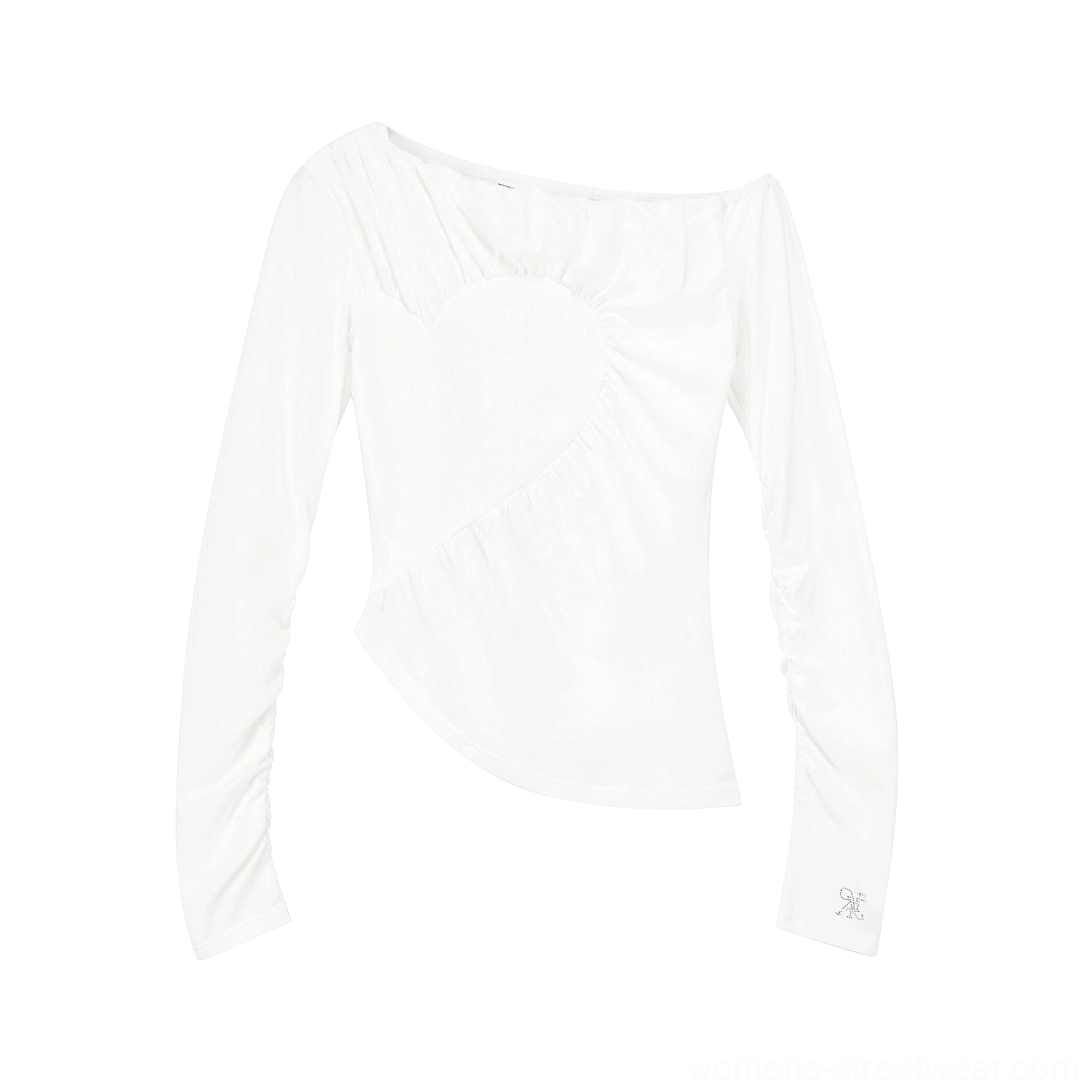 Flat lay view of a standalone white asymmetrical off-shoulder long sleeve top with uneven hem, diagonal ruched seam, and small cuff embroidery