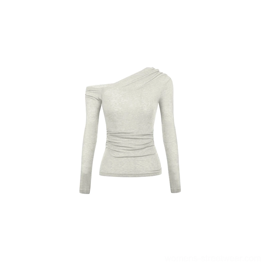 White asymmetrical one-shoulder long sleeve Korean streetwear top product image
