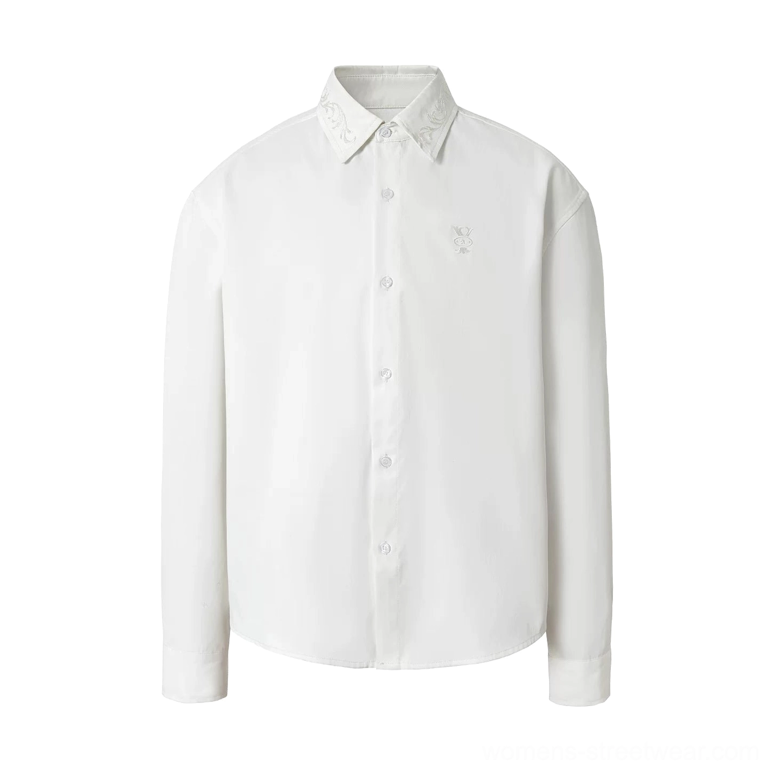 White baroque embroidered high-low long-sleeve shirt with point collar and relaxed Korean streetwear silhouette