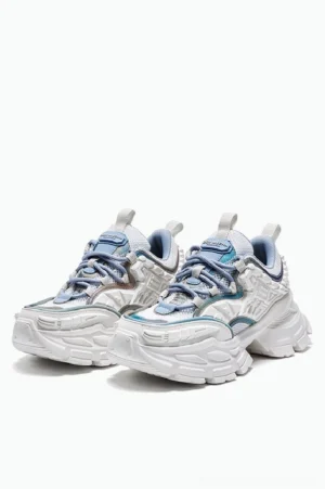 White and blue chunky platform sneakers shown from the front three-quarter angle with mecha-inspired layered panels, mesh upper, silver-toned overlays and sculpted streetwear sole