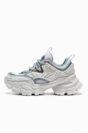 Single white blue platform sneaker shown from the side with lace-up closure, heel pull tab, layered technical overlays and thick futuristic chunky sole