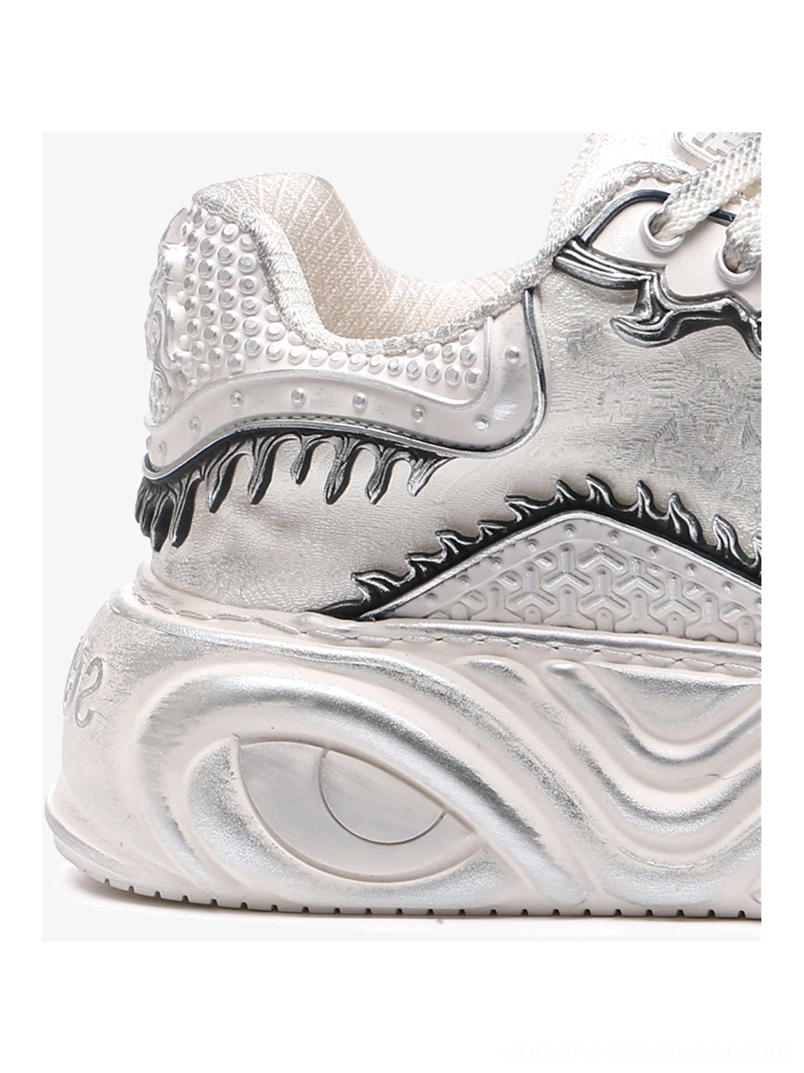 White bone-detail platform sneakers with a futuristic chunky silhouette for Y2K, Acubi, Korean fashion, and alternative streetwear outfits