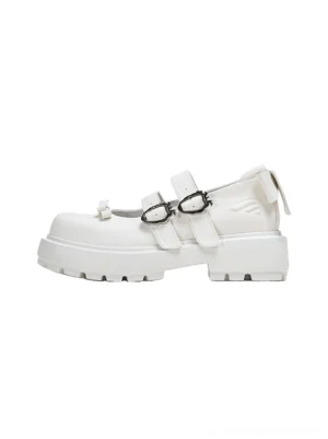White bow double strap lug platform Mary Jane shoes left side profile on a clean white background