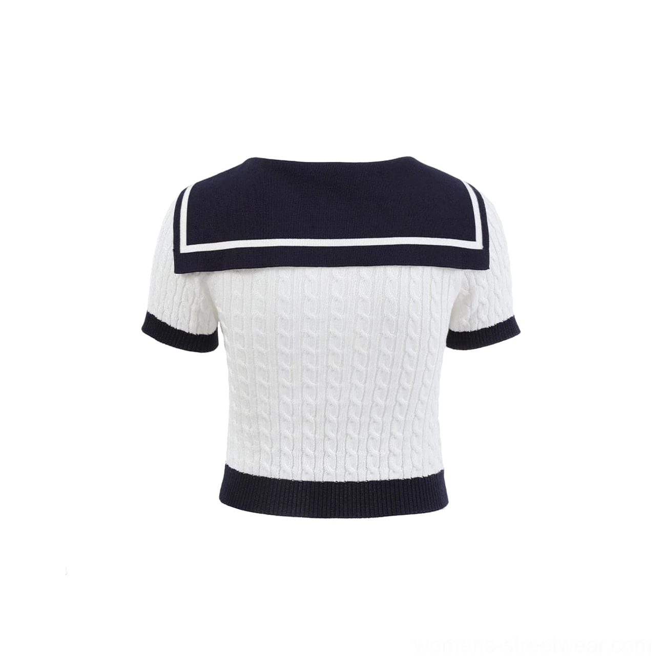 Flat lay back view of a cream white cable knit sailor collar crop top with navy blue collar, sleeve, and hem edging