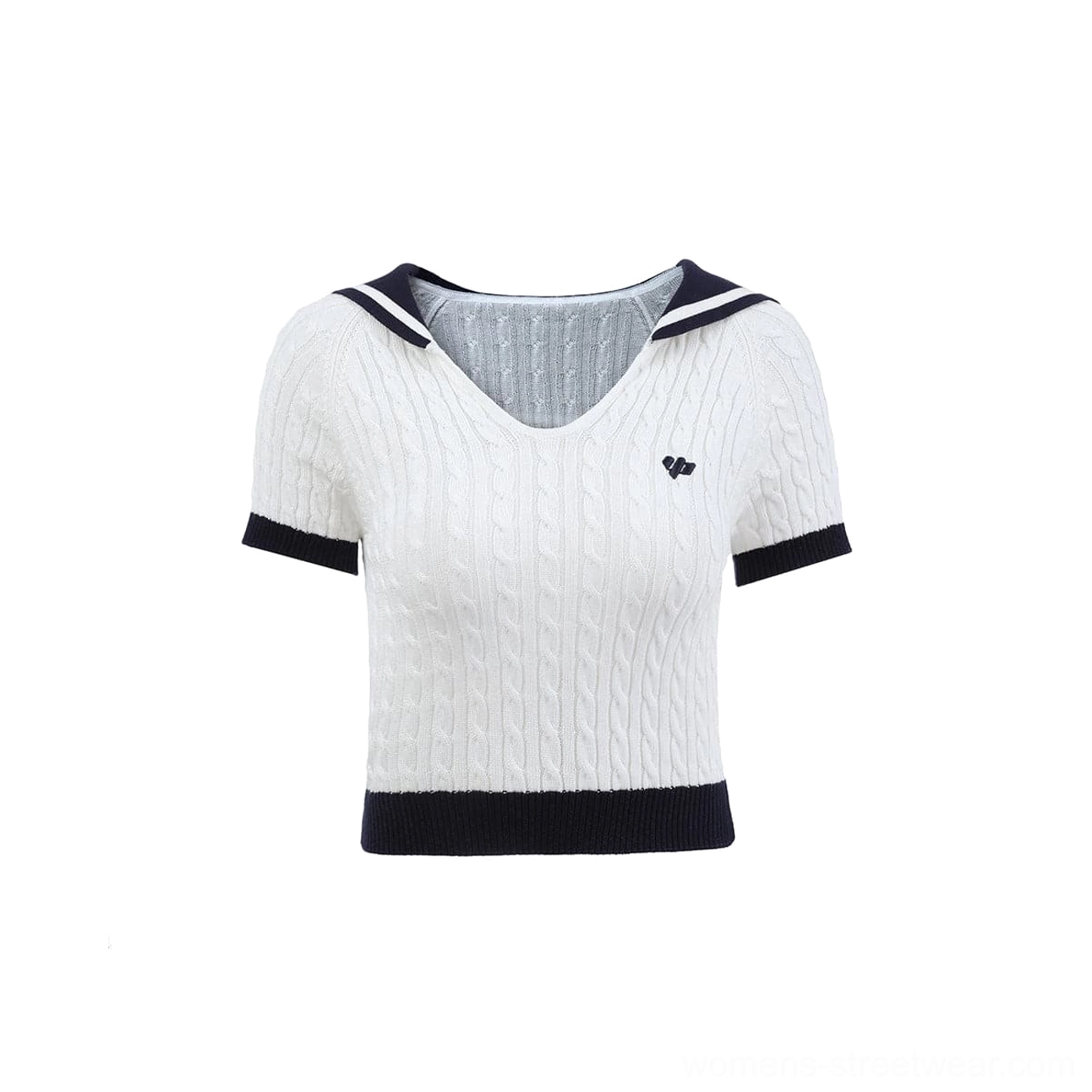 Flat lay front view of a cream white cropped cable knit sailor collar top showing the V-shaped collar, navy contrast trim, short sleeves, and embroidered chest badge