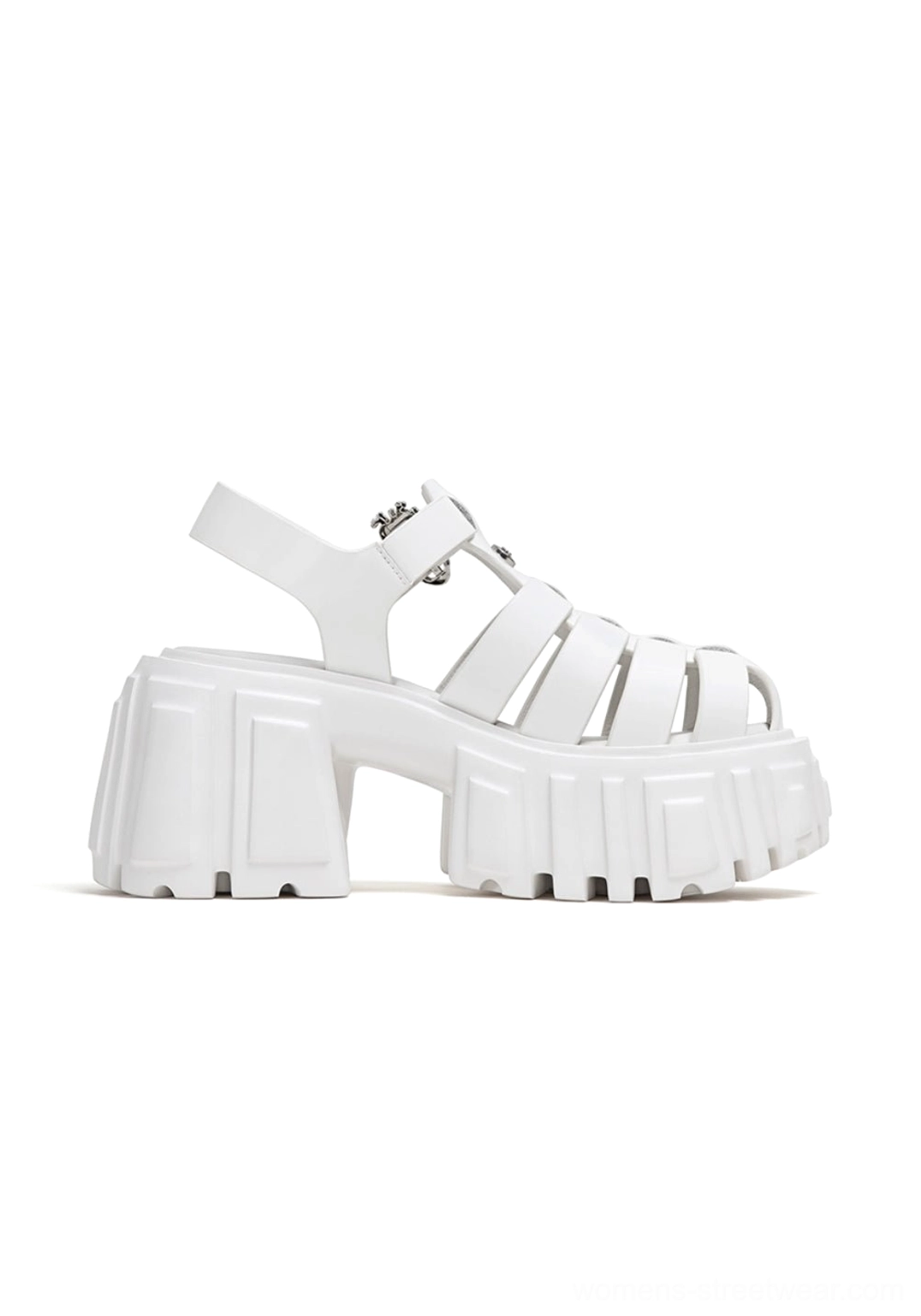 Right side profile of white caged Roman platform sandals with adjustable ankle buckle and thick textured sole