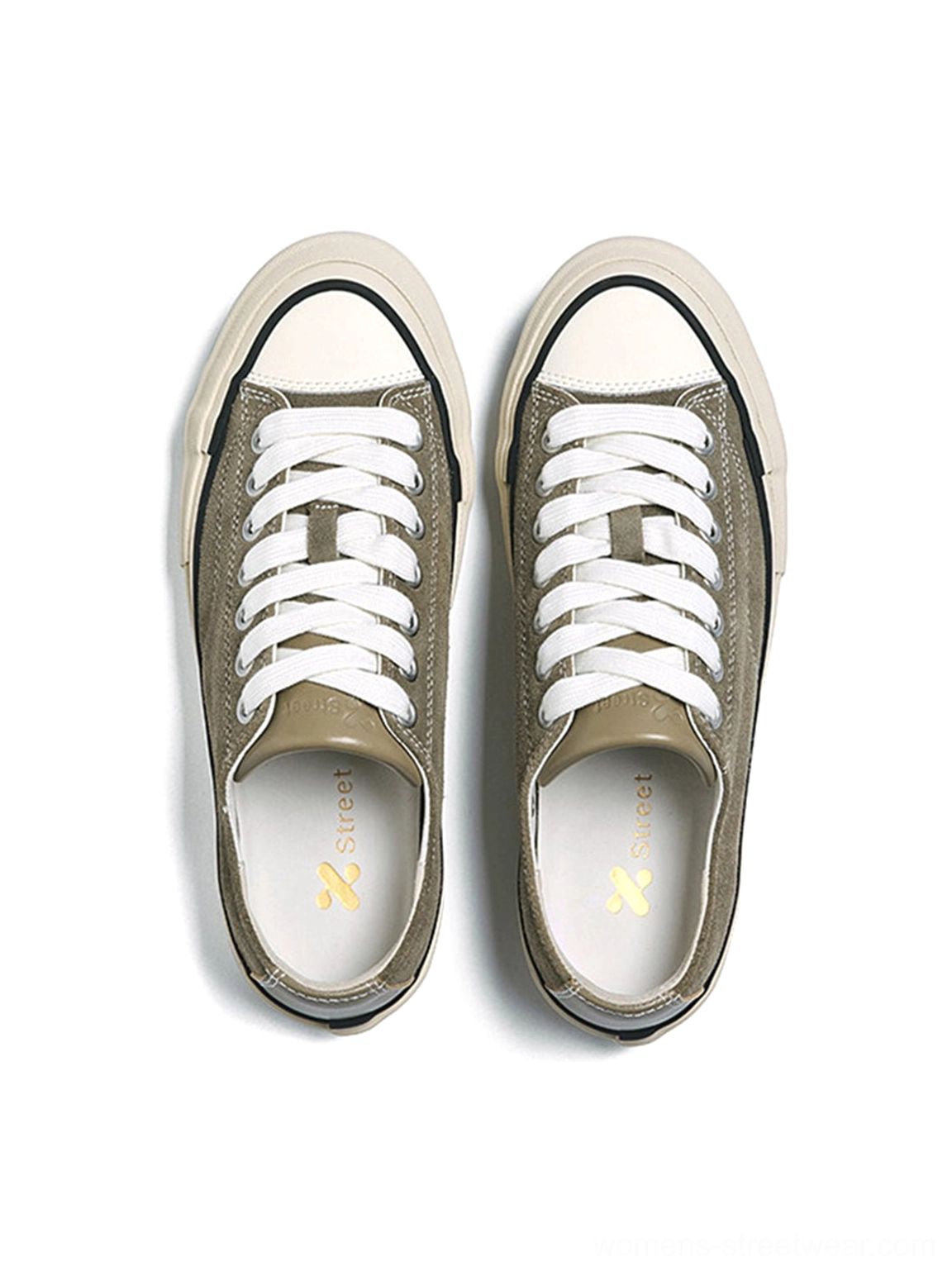 White canvas low-top platform sneaker with cork midsole, clean minimalist design with visible branded insole flat lay