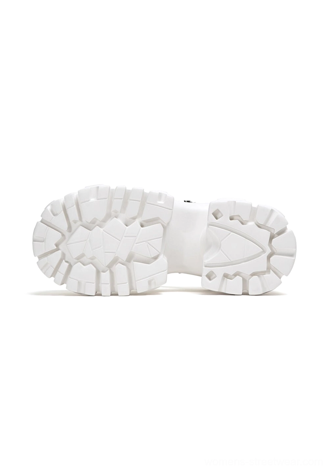 Top-down view of white chunky platform sandal outsoles showing deep textured lug tread for streetwear styling
