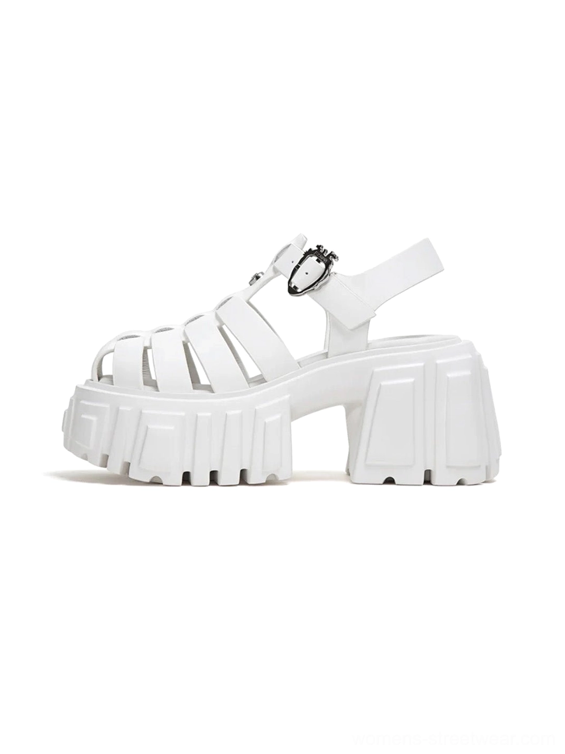 White chunky Roman platform sandals with caged fisherman-style upper, heart-shaped ankle buckles, and thick lugged soles on a white background