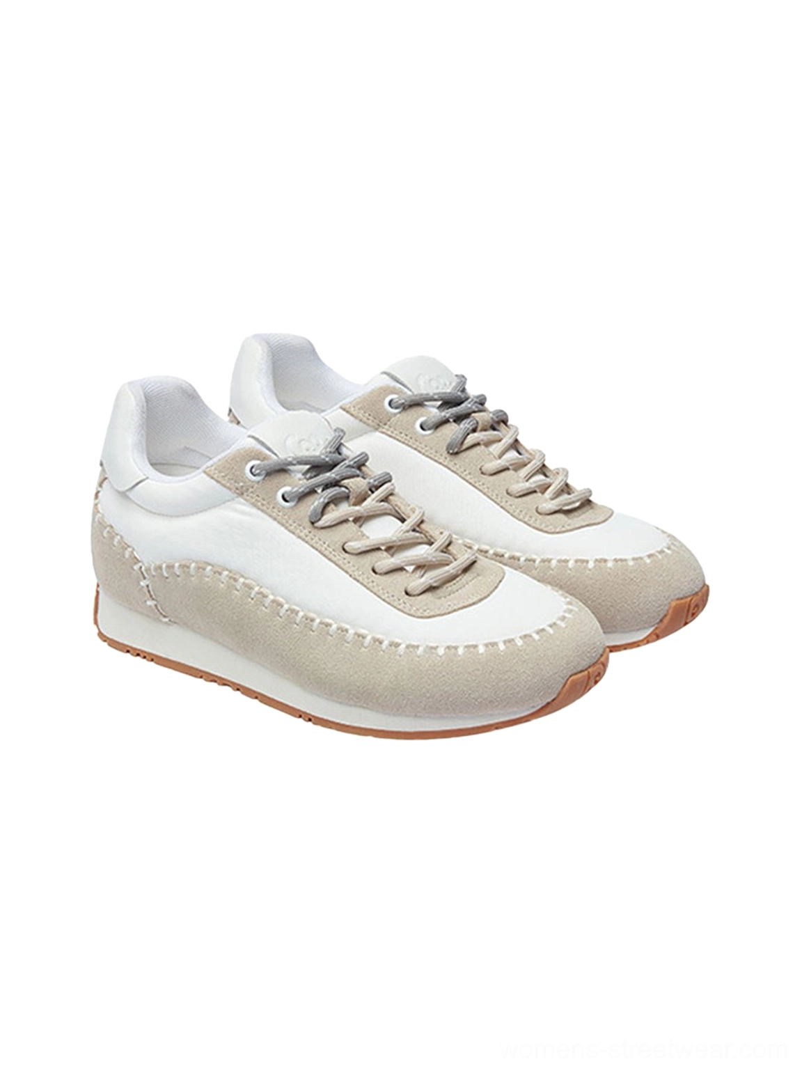 White contrast-stitch platform sneakers with a clean low-top profile and subtle chunky streetwear outsole