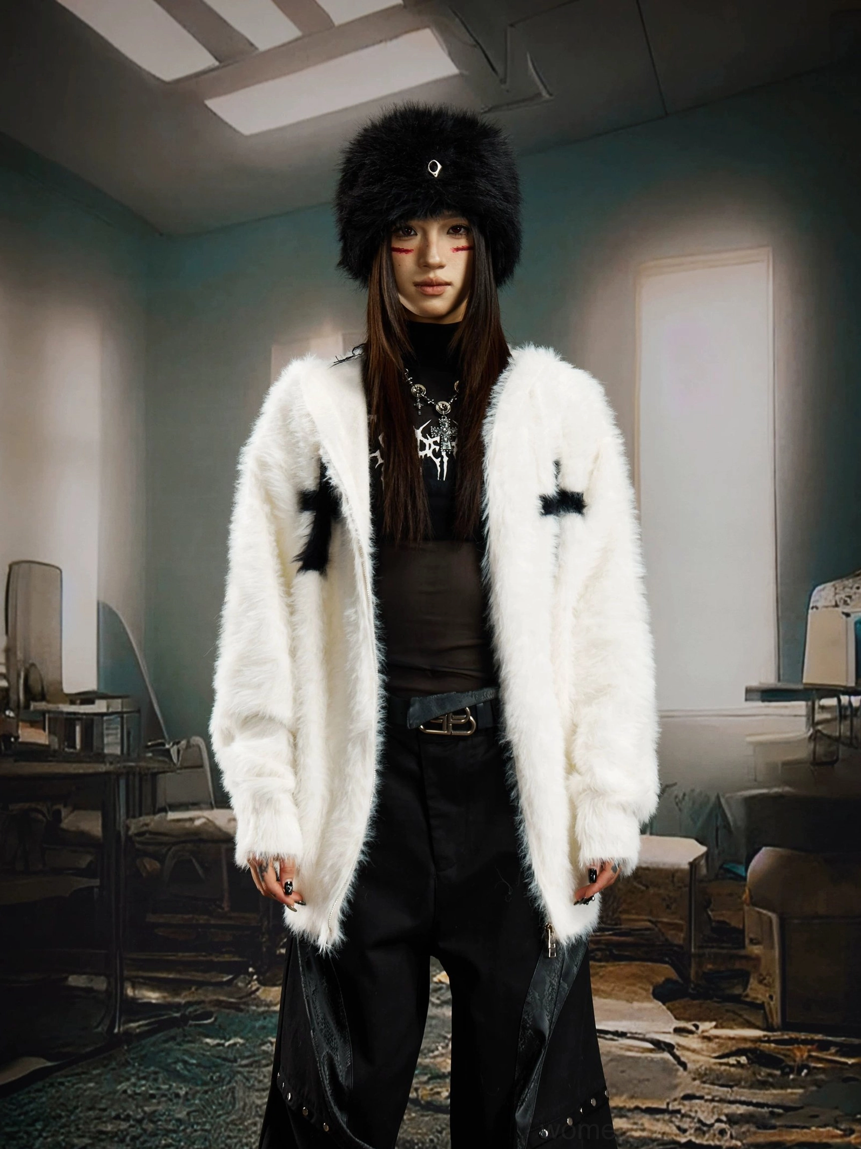 White crucifix cross faux fur zip hoodie with a soft shaggy finish for statement streetwear looks