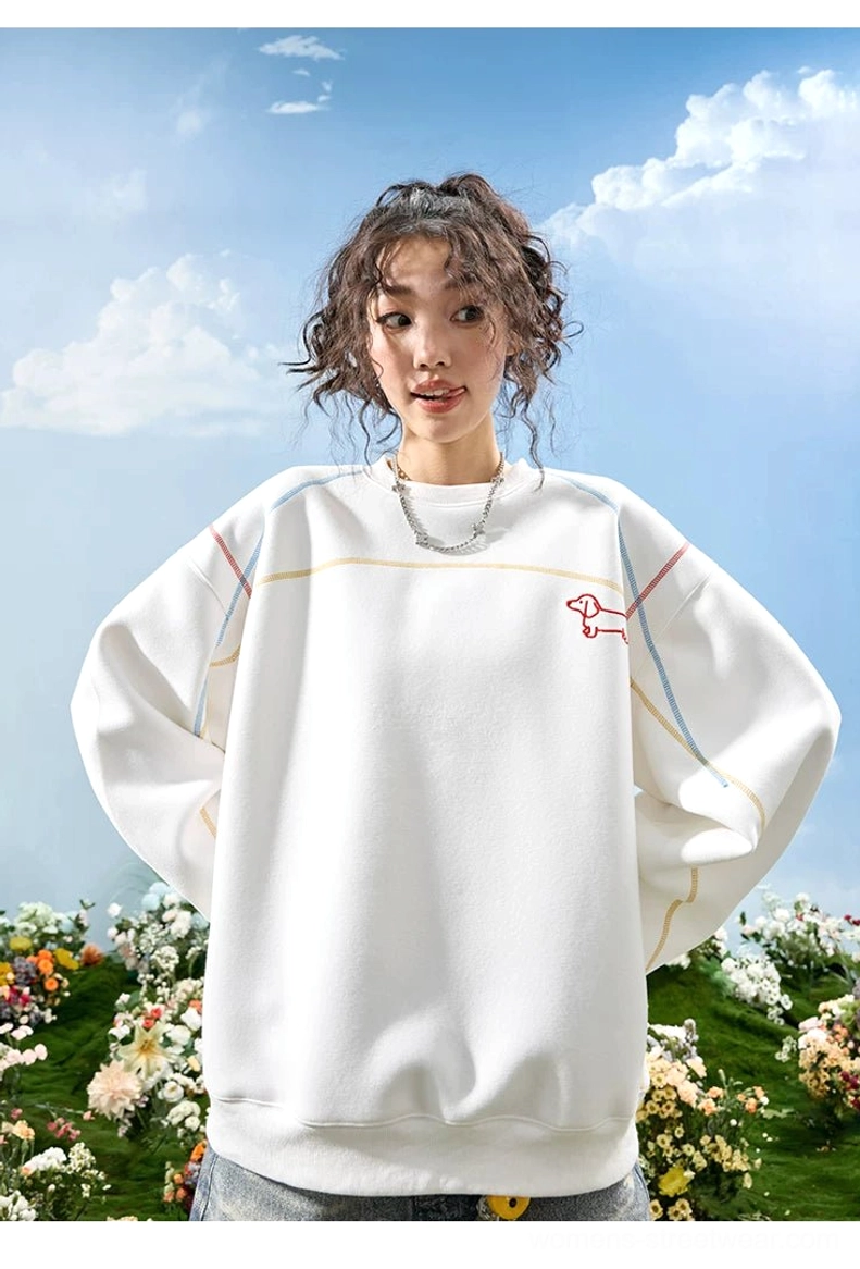 White dachshund embroidered oversized crewneck sweatshirt product front view with red chest embroidery and dropped shoulders