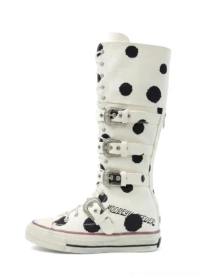 White Dalmatian polka dot lace-up mid-calf streetwear boots with metal buckle straps and rubber sneaker outsole