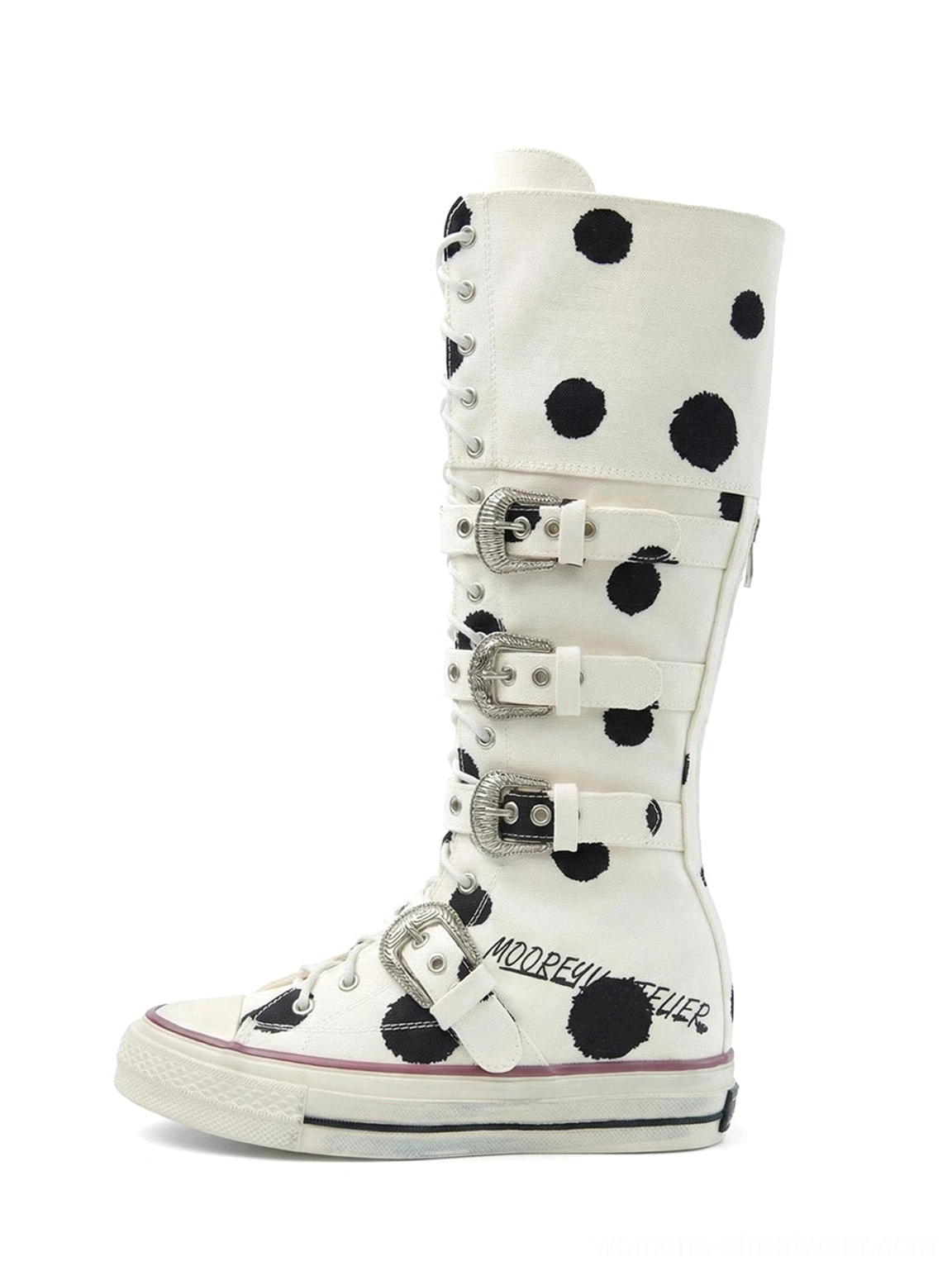 White Dalmatian polka dot lace-up mid-calf streetwear boots with metal buckle straps and rubber sneaker outsole
